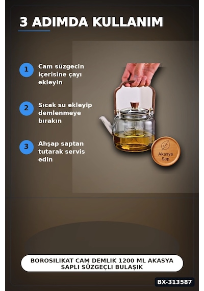 Borosilikat Cam Demlik 1200 Ml Akasya Saplı Süzgeçli Bulaşık Makinesinde Yıkanabilir Bx-313587 Diğer