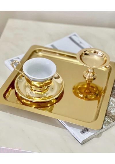 Abant 6 Adet Gold Altın Kare Paslanmaz Çelik Kahve Servis Sunum Tepsi & Tabağı (21X21Cm)