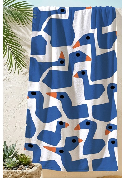 Kaz Figürlü Marine Plaj Havlusu - Modern Mavi Beyaz Nautical Hızlı Kuruyan Mikrofiber Havlu Çok Renkli
