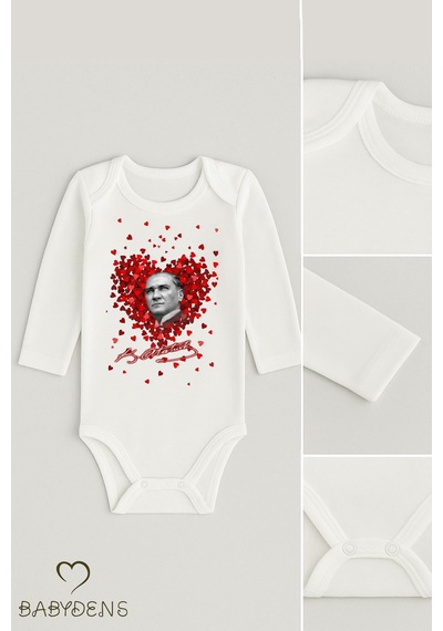 Babyden's Atatürk Temalı 3 Lü Bebek Body Seti %100 Pamuk Uzun Kollu Çıtçıtlı Zıbın Body Beyaz