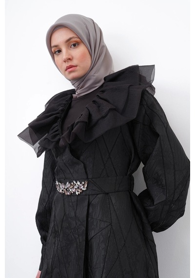 Pureva Kristal Taşlı Organze Luxury Ceket - Siyah