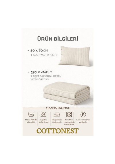 Tek Kişilik Örgü Desen Pike Yatak Örtüsü Seti 160x230 Cm Pike 50x70 Cm Yastık Ekru - Ekru