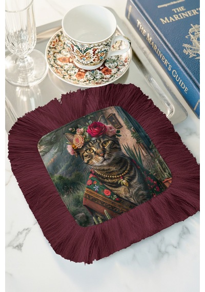Bohem Sanatsal Kedi Püsküllü Servis Altlığı Mendil - Vintage Çiçekli Rustik Bordo Sunumluk Peçete Çok Renkli