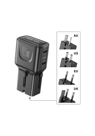 Ven-dens Vd-ta002 45 W Pd 4 Ü 1 Arada Seyahat Adaptörü, Çift Usb-c Port, Abd, İngiltere, Siyah