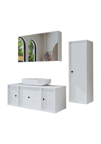 Oval Lavabolu Mat Mdf 120 Cm Banyo Dolabı + Aynalı Dolabı Beyaz Mat Beyaz