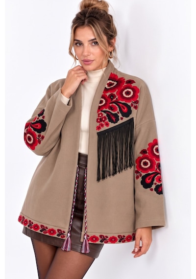 Saade Camel Etnik Çiçek Nakışlı Püsküllü Kimono Ceket