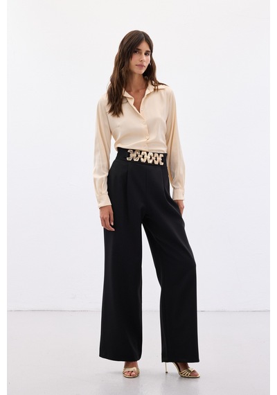 Sateen Kemerli Salaş Pantolon - Siyah-136532 Siyah