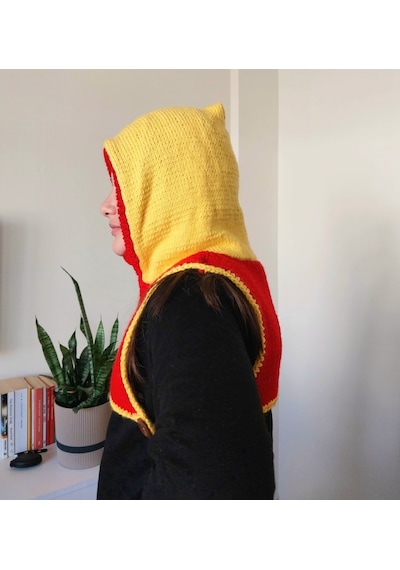 Kemzey Handmade El Yapımı Balaklava, Örgü Şapkalı Boyunluk , Yünlü Şapka Sarı - Kırmızı