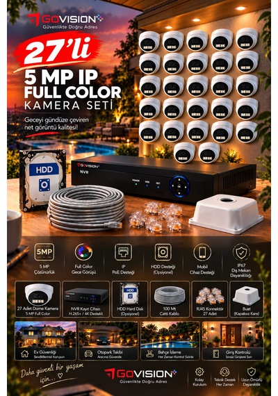 Go Vision 26'lı Güvenlik Dome Ip Kamera Seti - 5mp Dome Kamera, 3.6mm Lens, H.265, Poe, Warm Led Gece Görüşlü