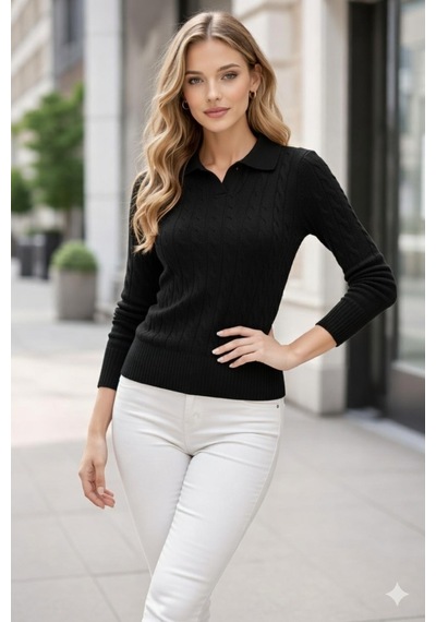 Youknitwear You Riviera %100 Pamuk Polo Yaka Kadın Kazak Siyah