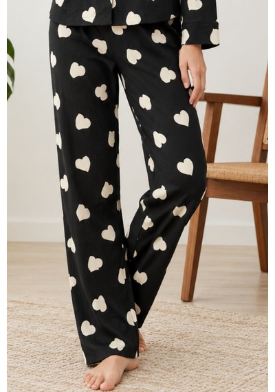 Kadın Kalpli Gömlek Yaka Siyah Pijama Takımı 4824