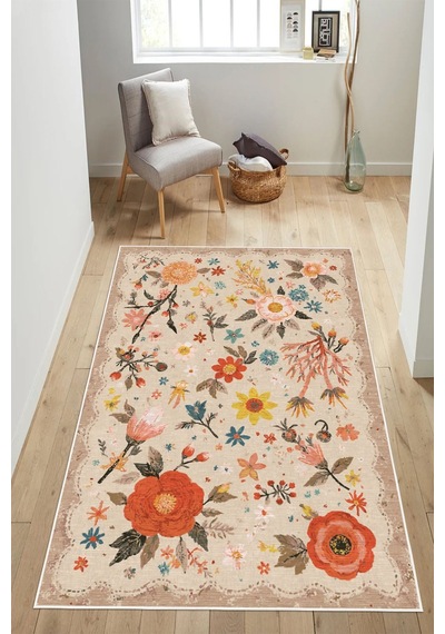 Floral Desen Baskılı Kaymaz Yıkanabilir Salon Oturma Odası Mutfak Antre Halısı Yolluk Bej