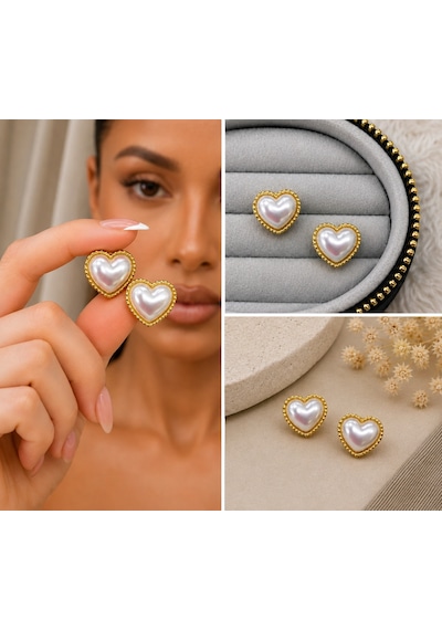Premium Parlak Gold Renk İnci Görünümlü Kalp Model Kadın Bijuteri Küpe Altın - Beyaz