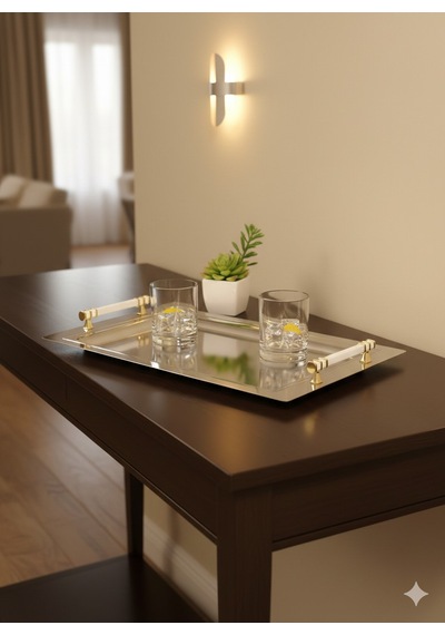 Özburak İnci Ikramlık Sunumluk Çay Ve Servis Tepsisi 30 X 45 Cm Beyaz - Altın