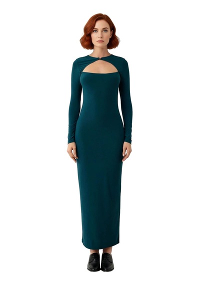 Ersefa Fashion Forward Kadın Bodycon Maxi Elbise Uzun Kollu Bisiklet Yak Zümrüt Yeşili