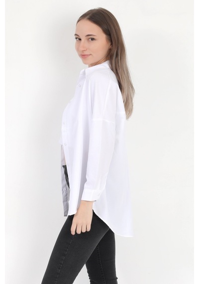 Giysa Kadın Beyaz Uzun Kollu Basic Pamuklu Oversize Gömlek - 3900 Beyaz