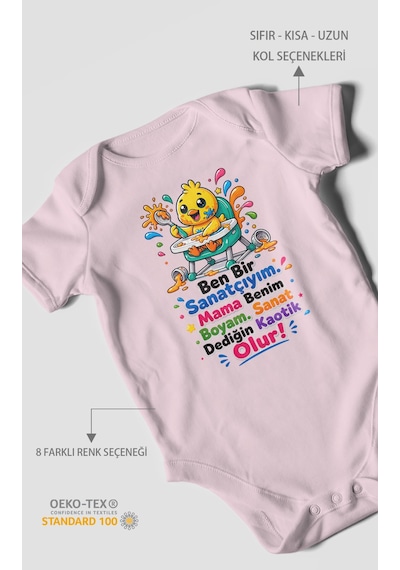Morivokids Ben Bir Sanatçıyım Yazılı Kısa Kollu Bebek Body %100 Pamuk Bebe Pembe