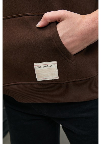 ETHIQUET C ARIE Kadın Organik Pamuklu Oversize Kanguru Cepli Kapüşonlu Kahverengi Sweatshirt