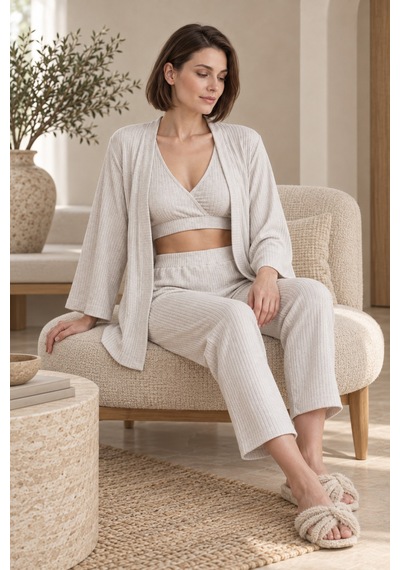 Loule Kadın Bej Melanj Kimonolu Penye Pijama Takımı Braletli 3 Parça Loule Kadın Bej Melanj Kimonolu Penye Pijama Takımı Braletli 3 Parça