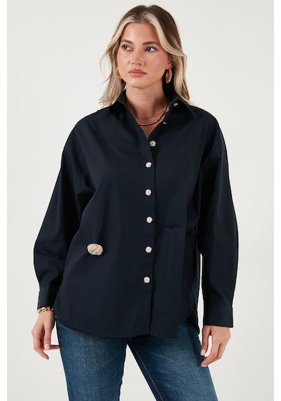 Lela Pamuklu Regular Fit Broş Detaylı Uzun Kollu Bayan Gömlek 6834990 Lacivert