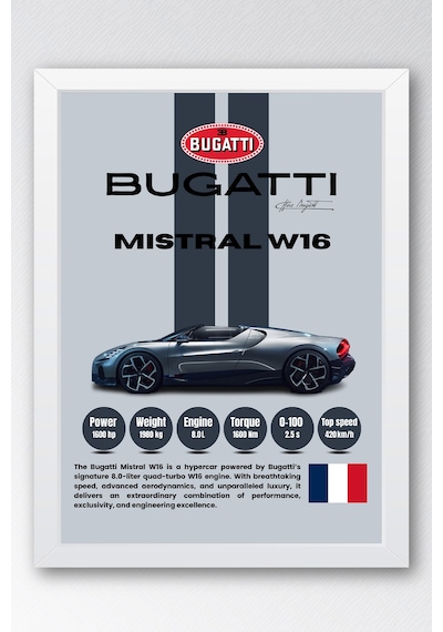 Bugatti Mistral W16 Araba Tablosu - Teknik Özellikli Otomobil Poster - Çerçeveli Duvar Dekoru Beyaz