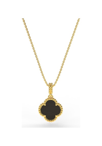 Erdobia 925 Ayar Oniks Taşlı Gold Yonca Gümüş Kolye