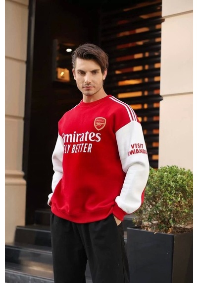 Erkek Bisiklet Yaka Kolu Şeritli Nakışlı Sweatshirt - Kırmızı