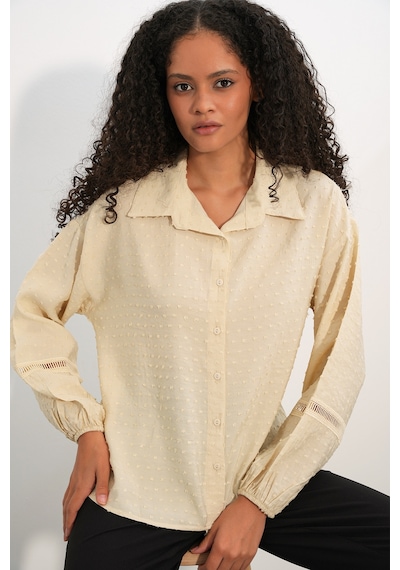 Bigdart Kadın Oversize Desenli Gömlek 20379 - Krem