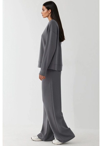 Hiccup Modal Touch Basic Sweatshirt & Geniş Paça Pantolon İkili Takım Koyu Gri