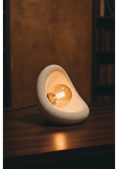 Modern Beton Dokulu Abajur Organik Oval Gece Lambası Masaüstü Komodin Lambası 25 Cm Beyaz