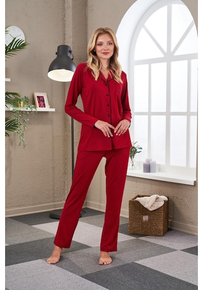 Pjs 23523 Kadın Puanlı Düğmeli Pijama Takım Bordo