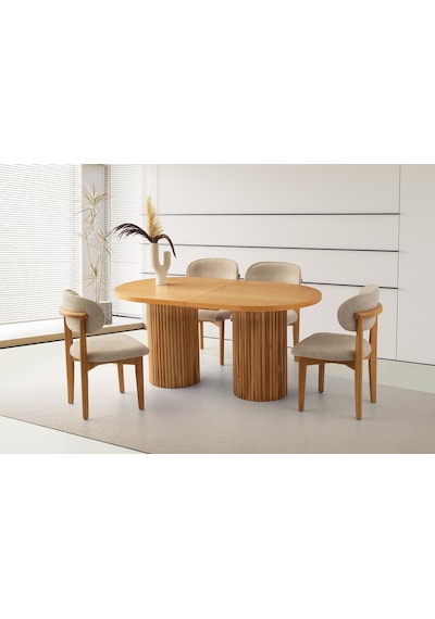 Açılır Oval Picasso Yemek Masası Takımı Nergis Sandalye Natural 1 Masa 4 Sandalye Beyaz