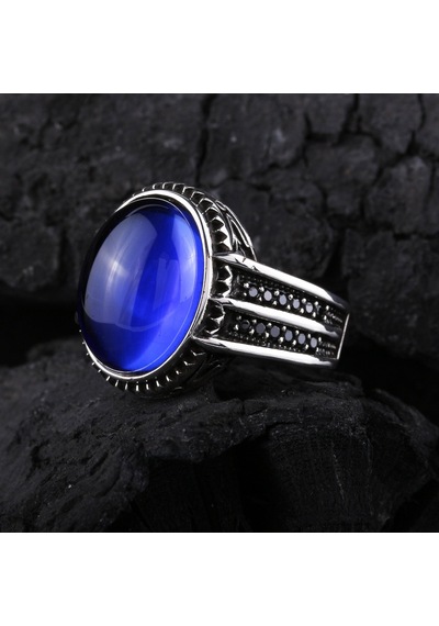 925 Ayar Gümüş Mavi Oval Taşlı Erkek Yüzük Silver