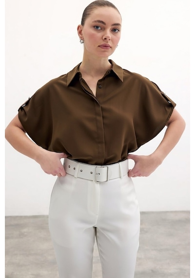 Sateen Kol Detaylı Salaş Gömlek - Kahve-136683 kahve