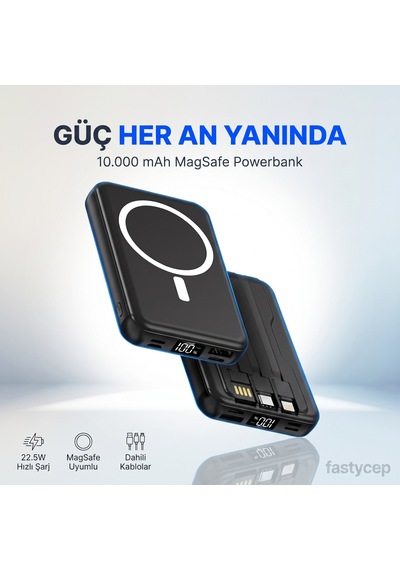 10.000 Mah Kablosuz Hızlı Şarjlı Magsafe Powerbank Led Ekranlı Dahili Kablolu Powerbank Çoklu Giriş