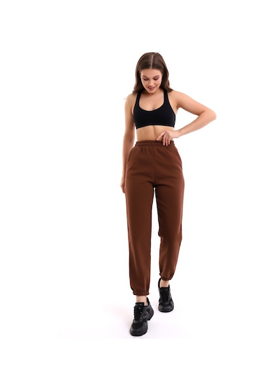 Winmoda34 Kadın Üç İplik İçi Şardonlu Polarlı Eşofman Altı Jogger Rahat Kalıp kahve