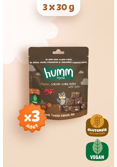 Hummorganic Organik Glutensiz Vegan Kakaolu ve Fındıklı Kek Atıştırmalık Paketi - 3 adet