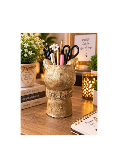 Dekoratif Tilki Figürlü Makyaj Fırçalığı Kalemlik Saksı Organizer Polyester 20x10 Cm Altın