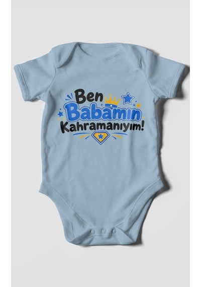 Morivokids Ben Babamın Kahramanıyım Kısa Kollu Bebek Body %100 Pamuk Bebe Mavisi
