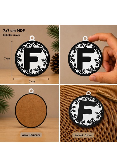 F Harf Yılbaşı Süsü Mdf Çam Ağacı Desenli Asılabilir Dekor 7x7 Cm