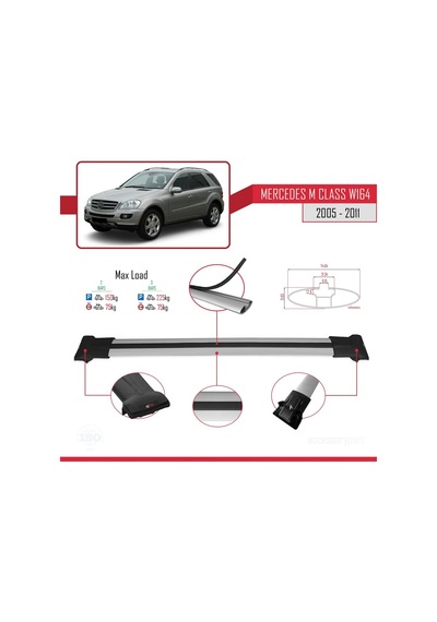 Mercedes M Class W164 2005-2011 Arası İle Uyumlu Fly Model Ara Atkı Tavan Barı Gri