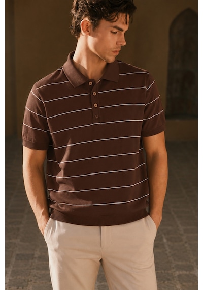 Tarz Cool Erkek Old Money Çizgili Polo Yaka Triko Tişört Slim Fit Kahverengi