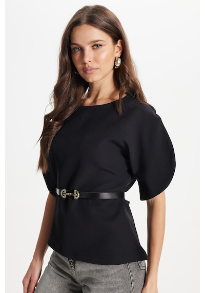 Tudors Kadın Slim Fit Dar Kesim Kol Detaylı İnce Kemerli Fermuarlı Siyah Bluz Gömlek-50758