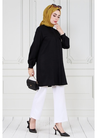 Sevitli Kapağı Taş Detaylı Tunik-siyah-3568-siyah Siyah