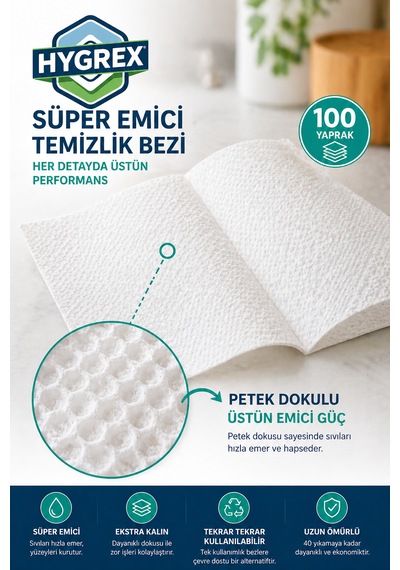 Hygrex Çok Amaçlı Temizlik Bezi Dev Boy 100 Yaprak Ekstra Kalın Petek Dokulu Yıkanabilir Kullan At Havlu Beyaz
