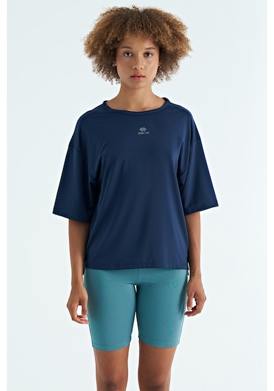 Tommy Life İndigo O Yaka Baskı Detaylı Oversize Kısa Kol Kadın T-shirt - 97263 Indigo
