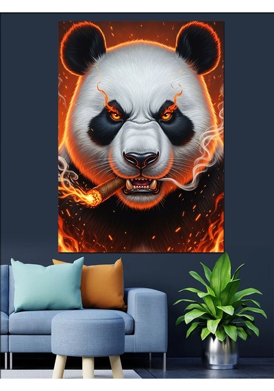 Ahşap Tablo Ağzında Puro Olan Öfkeli Panda