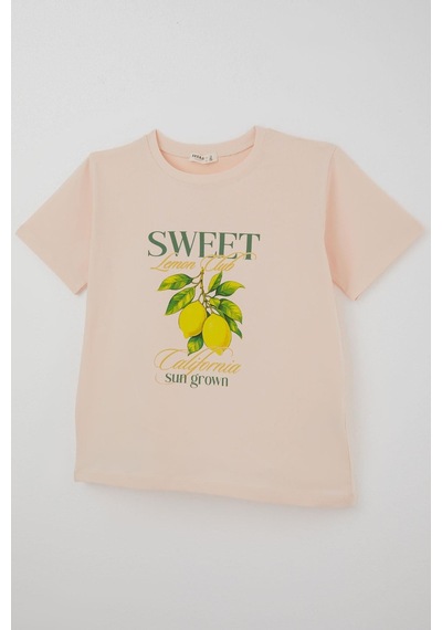 Breeze Kız Çocuk Kısa Kollu Tişört Limon Baskılı 9-14 Yaş , Pudra