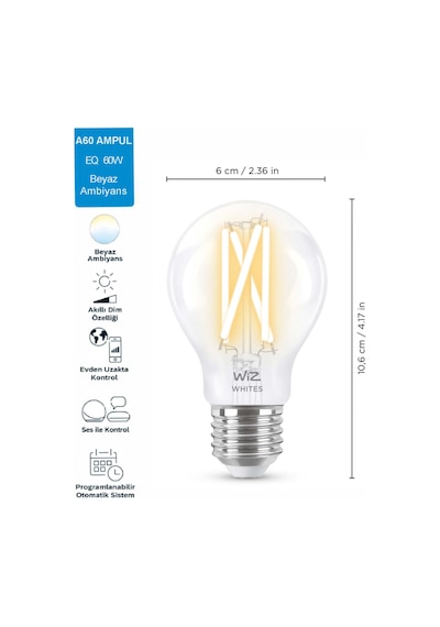 Wiz 60W Sarı-Beyaz Ambiyans E27 Şeffaf Cam Akıllı Filament Ampul (A60)