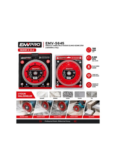 10 Adet Örgülü Turbo İnce Hassas Elmas Kesme Disk Seramik - Taş 180mmx22.2 Max 8.500prm 4801